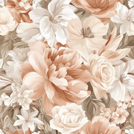 A romantic floral illustration with large, soft blooms like peonies, roses, and lilies in pastel shades of peach, pink, and cream. The gentle design evokes timeless beauty and elegance.の素材