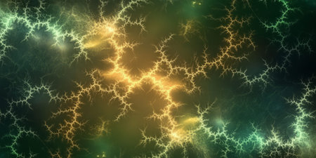 Ethereal deep-space background with radiant green and gold starbursts, nebular clouds forming intricate lace-like illustrations.の素材