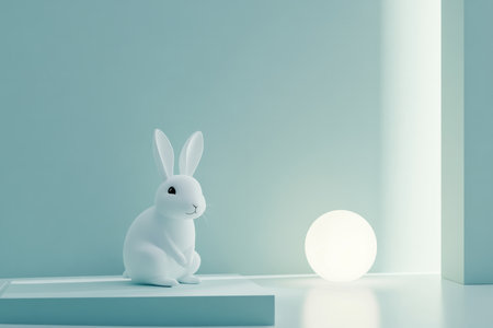 A minimalist Easter Bunny against a clean, modern background with a single glowing egg and soft geometric shapes.の素材