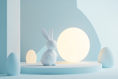 A minimalist Easter Bunny against a clean, modern background with a single glowing egg and soft geometric shapes.の素材