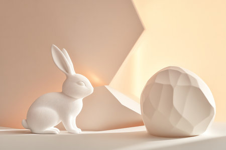 A minimalist Easter Bunny against a clean, modern background with a single glowing egg and soft geometric shapes.の素材