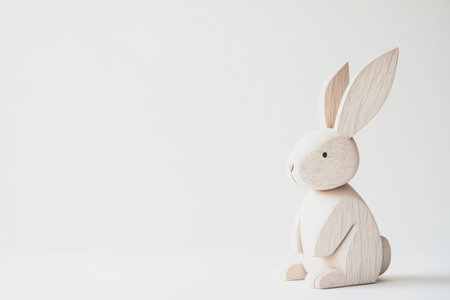 A minimalist, Scandinavian-style Easter Bunny, made from soft wooden textures and neutral pastel tones, placed on a clean white background.の素材