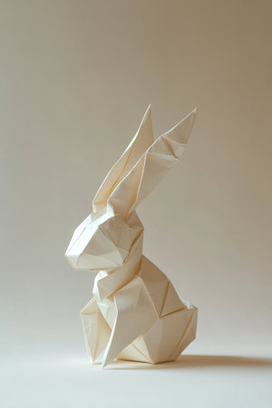 A beautiful Easter Bunny made of delicate origami paper, carefully folded into an intricate and artistic form, set against a minimalist backdrop.の素材