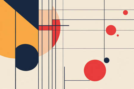 A minimalist Bauhaus-inspired background with a structured composition of primary colors, simple geometric shapes, and sharp, clean edges.の素材