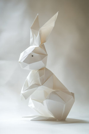 A beautiful Easter Bunny made of delicate origami paper, carefully folded into an intricate and artistic form, set against a minimalist backdrop.の素材