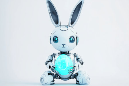 A futuristic Easter Bunny robot, sleek and metallic, carefully holding a digital holographic Easter egg.の素材