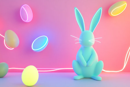 A minimalist Easter Bunny created with bold, simple lines, surrounded by floating, neon-colored Easter eggs in a sleek, modern setting.の素材
