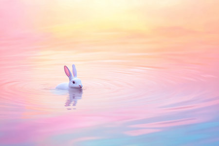 A mystical Easter Bunny appearing in the reflection of a tranquil lake, its form blending seamlessly with the swirling pastel colors of the sunrise.の素材