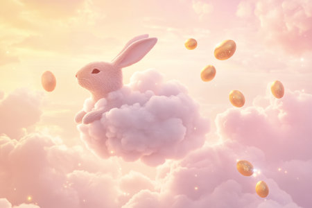A dreamy, floating Easter Bunny made of delicate clouds, drifting across a soft pink sky with glowing golden Easter eggs trailing behind.の素材