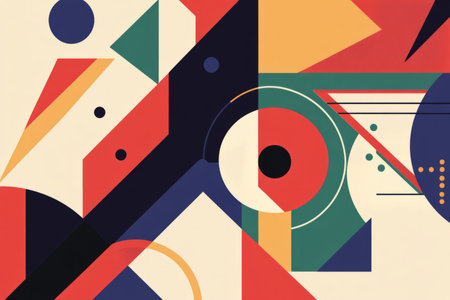 A dynamic Bauhaus-inspired geometric abstraction with layered primary color blocks and asymmetric balance.の素材