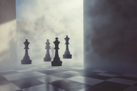 A gravity-defying chessboard where pieces hover in mid-air, their shadows stretching in impossible directions, suspended within a misty void.の素材