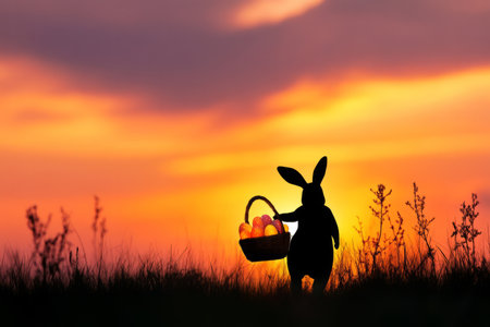 A dramatic sunset scene with an Easter Bunny silhouetted against the horizon, carrying a basket full of glowing Easter eggs.の素材