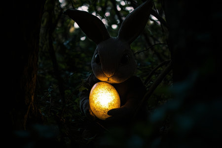 A mysterious, shadowy Easter Bunny figure hiding among the trees, peering out while holding a glowing golden egg.の素材