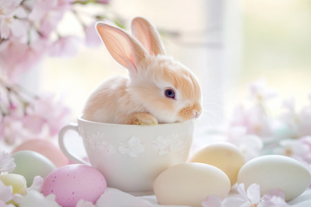A cute baby bunny sitting in a tiny teacup, surrounded by soft pastel Easter eggs and delicate cherry blossom petals.の素材
