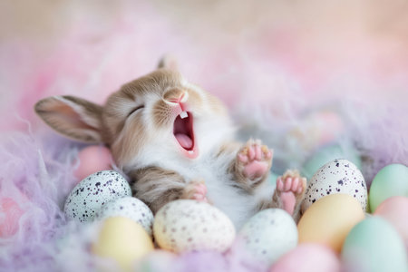 A cute baby Easter Bunny yawning and stretching its tiny paws, sitting in a soft pastel nest filled with miniature speckled eggs.の素材