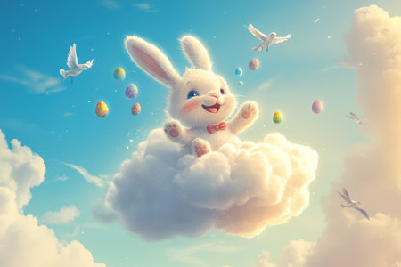 A happy Easter Bunny riding on a floating cloud, tossing tiny Easter eggs into the air as birds fly alongside it.の素材