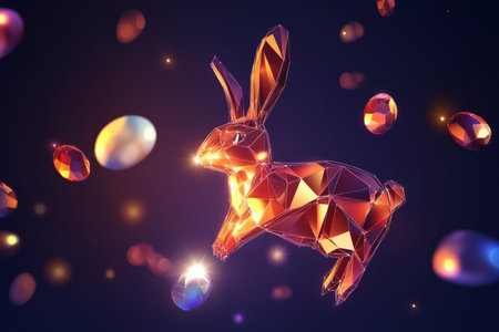 A modern, sleek Easter Bunny made of geometric shapes, with glowing patterns and radiant Easter eggs scattered in the air around it.の素材