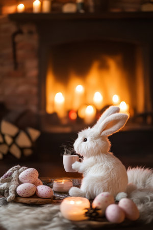 A cozy Easter Bunny sipping hot cocoa by a warm fireplace, its fluffy tail curled up as it enjoys the soft glow of candlelight.の素材