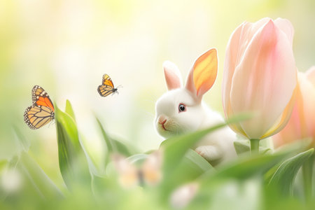 A cute baby Easter Bunny playing hide-and-seek behind a giant tulip, peeking out curiously as butterflies flutter in the soft morning light.の素材