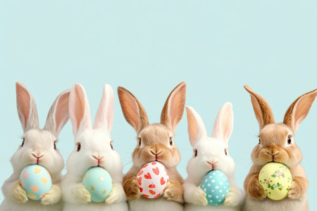 A group of adorable Easter Bunnies with bunny ears of different shapes, each holding a uniquely painted Easter egg.の素材