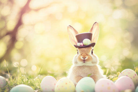 A cute Easter Bunny wearing a tiny top hat, sitting among pastel-colored Easter eggs, with soft beams of light filtering through the trees.の素材