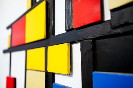 A modern Bauhaus-inspired arrangement of primary-colored squares and overlapping clean lines.の素材