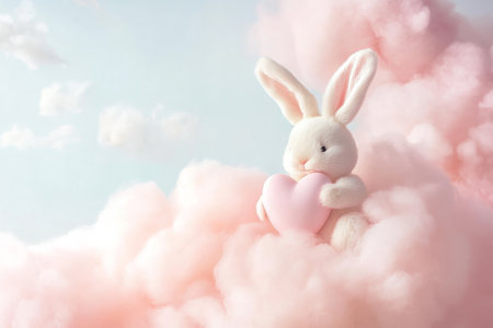 A dreamy pastel-colored Easter Bunny floating on a fluffy cotton candy cloud, holding a giant heart-shaped Easter egg.の素材