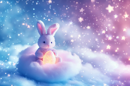 A dreamy Easter Bunny sitting on a floating lilac-colored cloud, gently holding a glowing pastel egg, surrounded by tiny twinkling stars.の素材