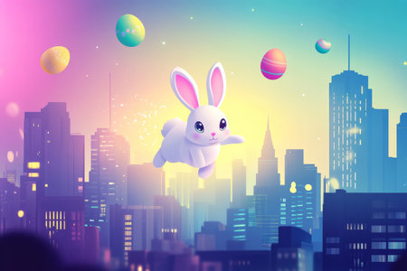 A cute, cartoonish Easter Bunny hopping across a vibrant city skyline, with glowing Easter eggs floating behind it.の素材