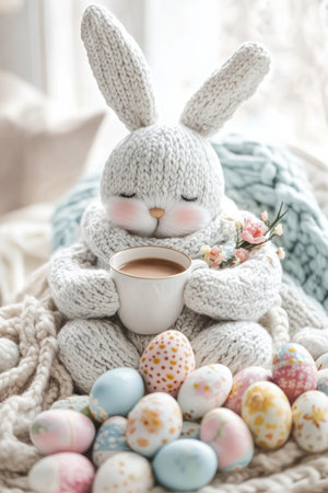 A cozy Easter Bunny wrapped in a fluffy knitted blanket, sipping hot cocoa while sitting next to a pile of hand-decorated Easter eggs.の素材
