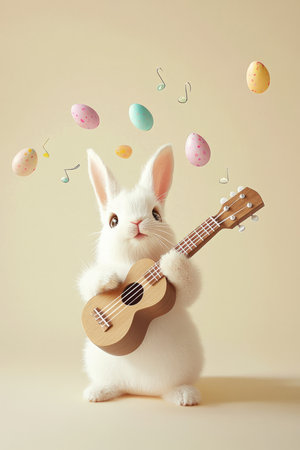 A cute and playful Easter Bunny playing a tiny ukulele, with tiny musical notes forming colorful Easter eggs in the air.の素材