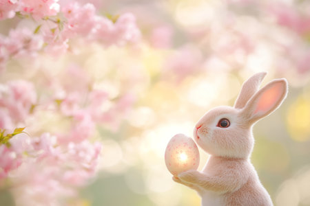 A dreamy, soft-focus close-up of an Easter Bunny holding a gently glowing Easter egg, with a blurred background of soft pink cherry blossoms.の素材