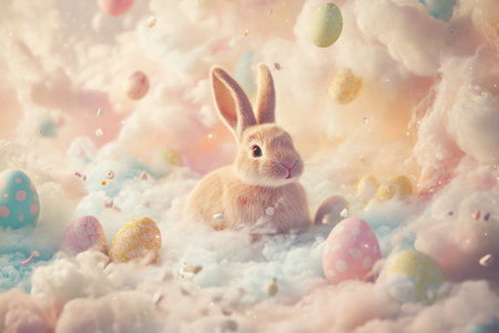 A dreamlike scene of an Easter Bunny surrounded by a swirling cloud of pastel colors and floating Easter eggs, in a peaceful, serene environment.の素材