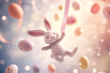 A joyful Easter Bunny swinging on a pastel ribbon, surrounded by floating, sparkling Easter eggs in a dreamy, fairytale-inspired setting.の素材