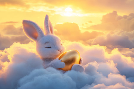 A dreamy Easter Bunny lying on a fluffy cloud, holding a golden Easter egg that glows softly against a twilight sky.の素材