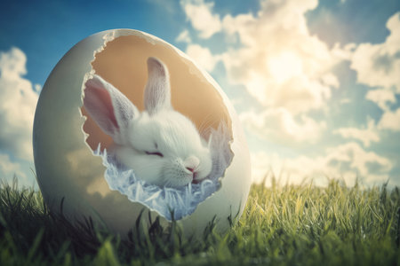 A cozy Easter Bunny curled up inside a giant Easter egg shell, peeking out sleepily as soft morning sunlight filters through fluffy clouds.の素材