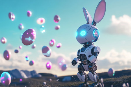 A futuristic, robotic Easter Bunny scanning the horizon, its mechanical ears twitching as holographic Easter eggs appear around it in a sci-fi landscape.の素材