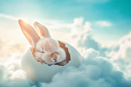 A cozy Easter Bunny curled up inside a giant Easter egg shell, peeking out sleepily as soft morning sunlight filters through fluffy clouds.の素材