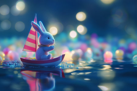 A joyful Easter Bunny on a tiny sailboat, floating across a shimmering lake filled with floating, glowing Easter eggs.の素材