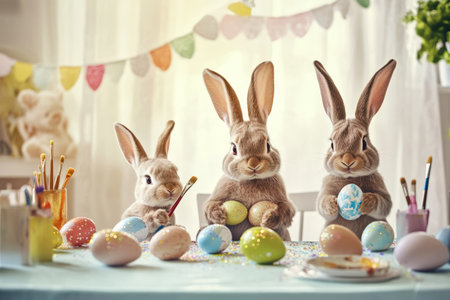 A cheerful Easter Bunny family gathered around a table, decorating Easter eggs together with paintbrushes and glitter.の素材