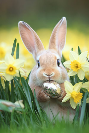 A charming Easter Bunny hiding behind a cluster of daffodils, its fluffy ears peeking out while holding a tiny glittering egg.の素材