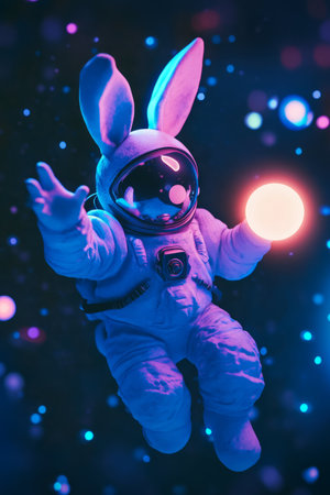 A futuristic Easter Bunny wearing a space suit, floating among stars, holding a glowing Easter egg in a zero-gravity environment.の素材