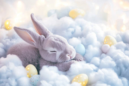 A dreamy Easter Bunny resting on a bed of soft clouds, with glowing Easter eggs floating gently around, creating a calming atmosphere.の素材