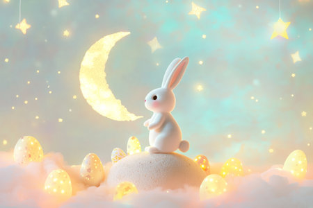 A cosmic Easter Bunny surrounded by stars and glowing Easter eggs, standing on a small moon with a soft pastel sky in the background.の素材