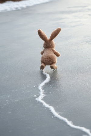 A cute Easter Bunny ice-skating on a frozen pond, leaving behind trails shaped like delicate Easter egg patterns.の素材