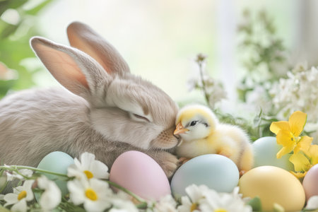 A gentle Easter Bunny snuggling with a tiny baby chick, both nestled in a soft bed of pastel Easter eggs and fresh spring flowers.の素材