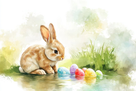A beautiful watercolor-style Easter Bunny sitting beside a pond, dipping its paws into the water as colorful Easter eggs float on the surface.の素材