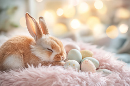 A cozy Easter Bunny snuggling into a fluffy pink pillow, dreaming of a magical field filled with endless decorated eggs.の素材
