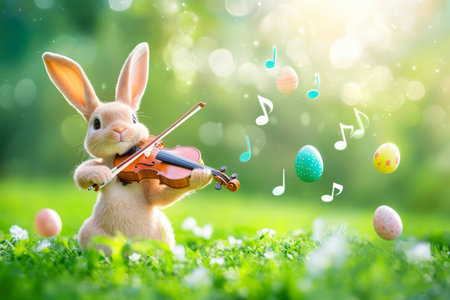 A joyful Easter Bunny playing a tiny violin, with musical notes forming into floating pastel eggs in the soft springtime air.の素材