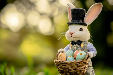 A classic Victorian-style Easter Bunny dressed in an elegant waistcoat and top hat, holding a woven basket filled with carefully painted eggs.の素材